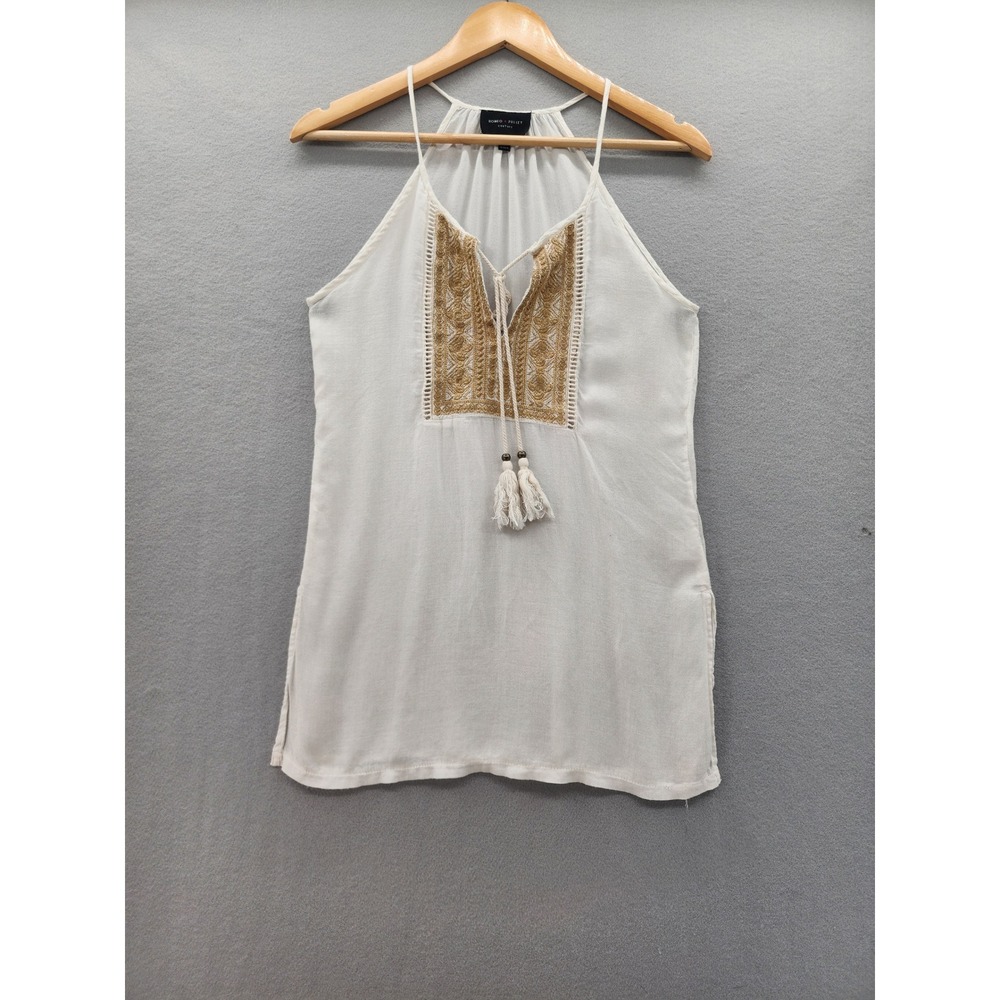Romeo + Juliet Couture‎ White Halter Top Gold Embroidered Boho Tassel Blouse S